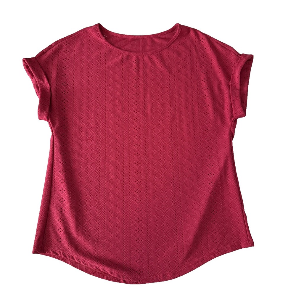 Cottagecore Hot Pink Eyelet Lace Knit Top Short Sleeve M Boho Raspberry Vibrant